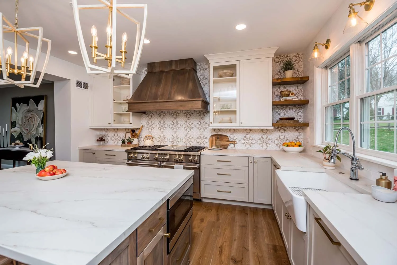Bright modern kitchen with marble island